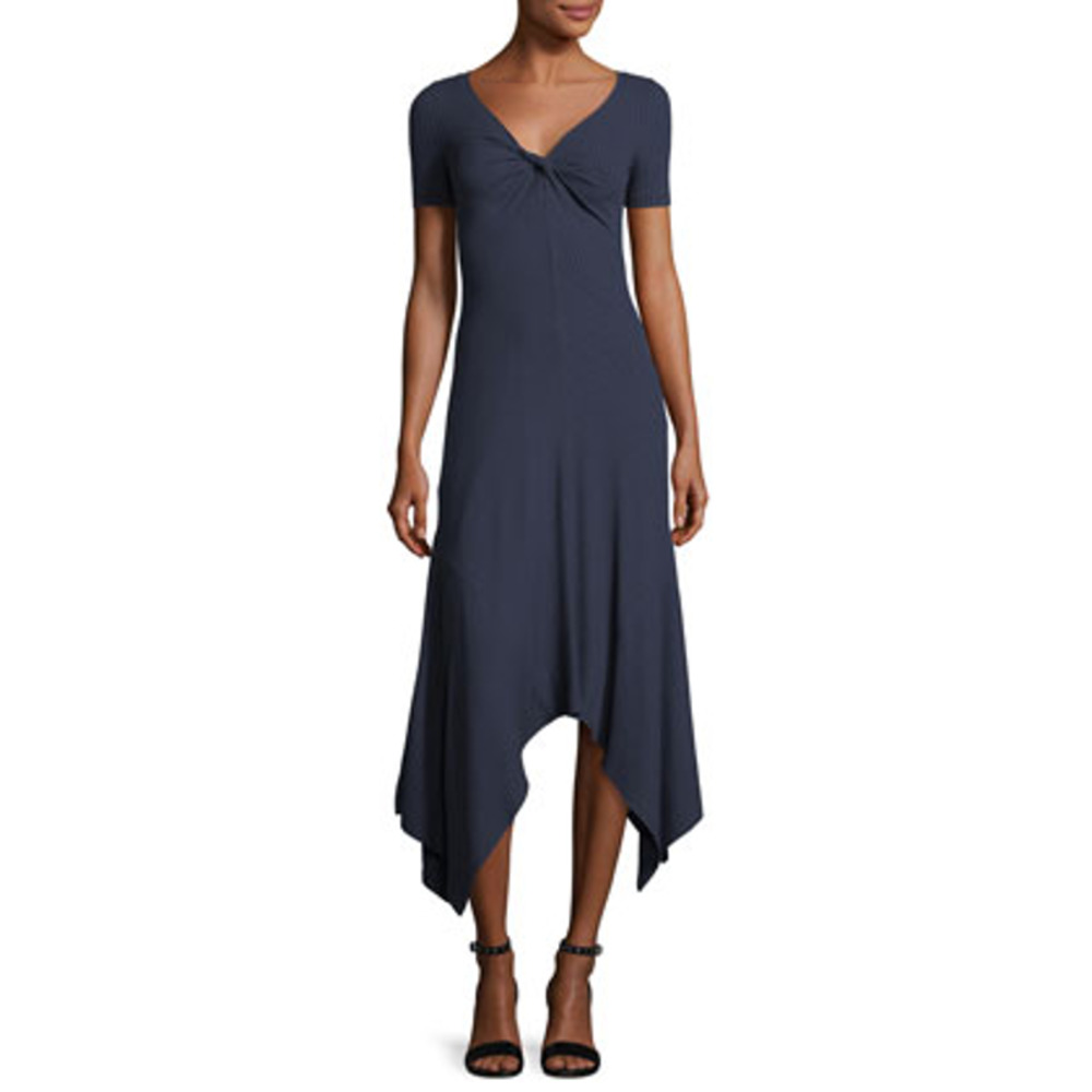 A.L.C. Reva Twist-Front Short-Sleeve A-Line Rib-Knit Dress in Navy Blue SZ XS